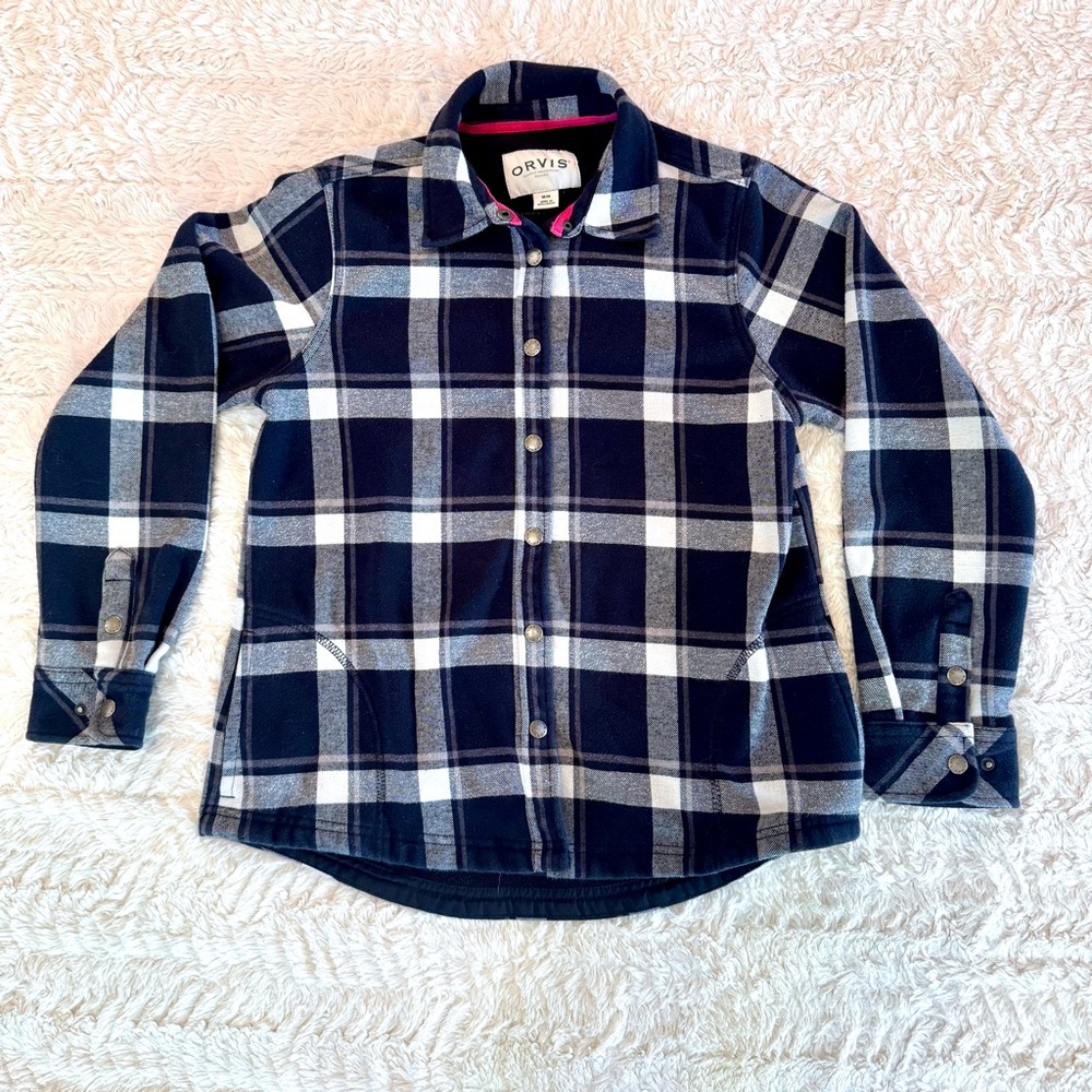 Orvis Women’s Fleece-Lined Shacket Sz M | Black & White Buffalo Plaid Snap